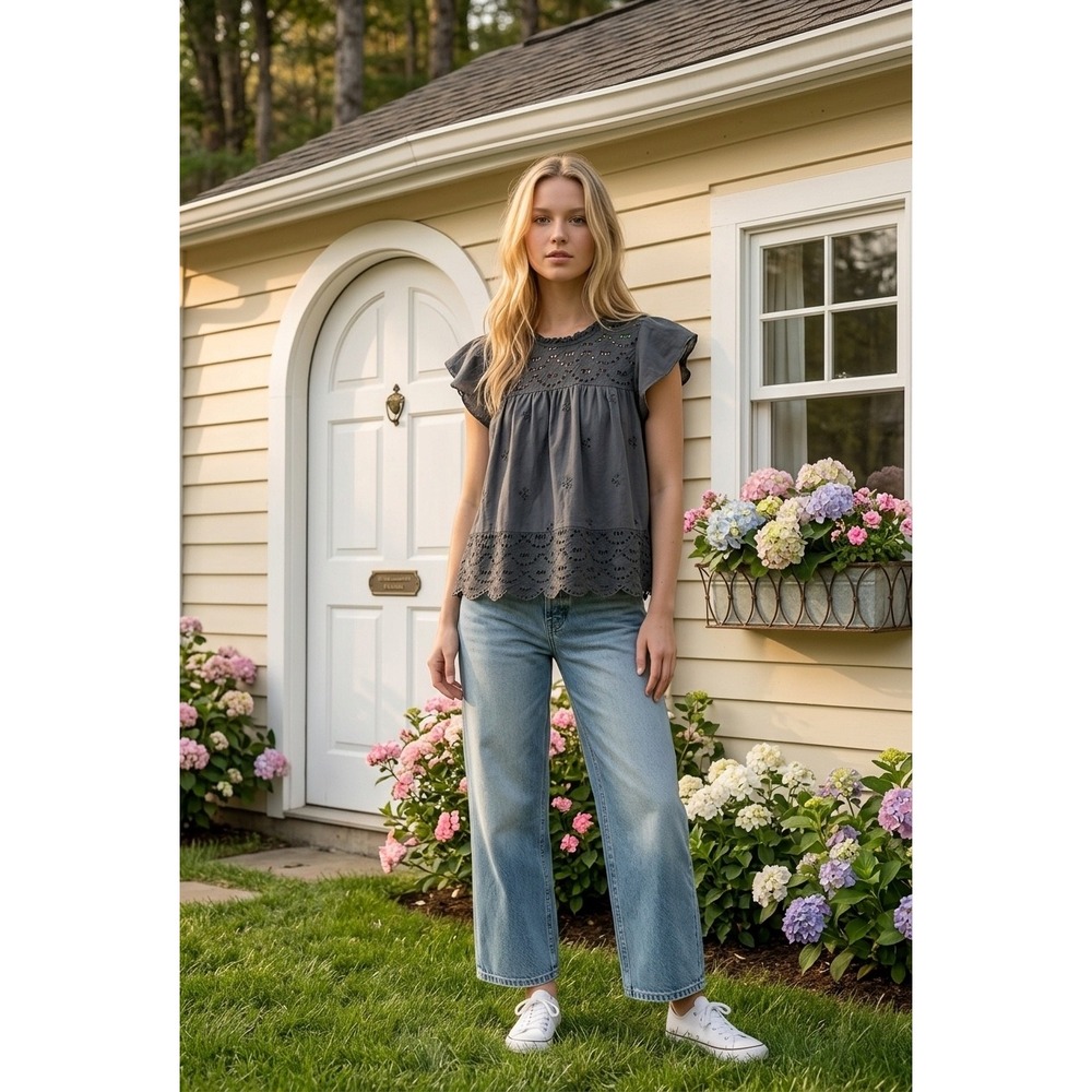 Reworked Over-Dyed Eyelet Shirt Charcoal Grey Boho Scallop Blouse Women M